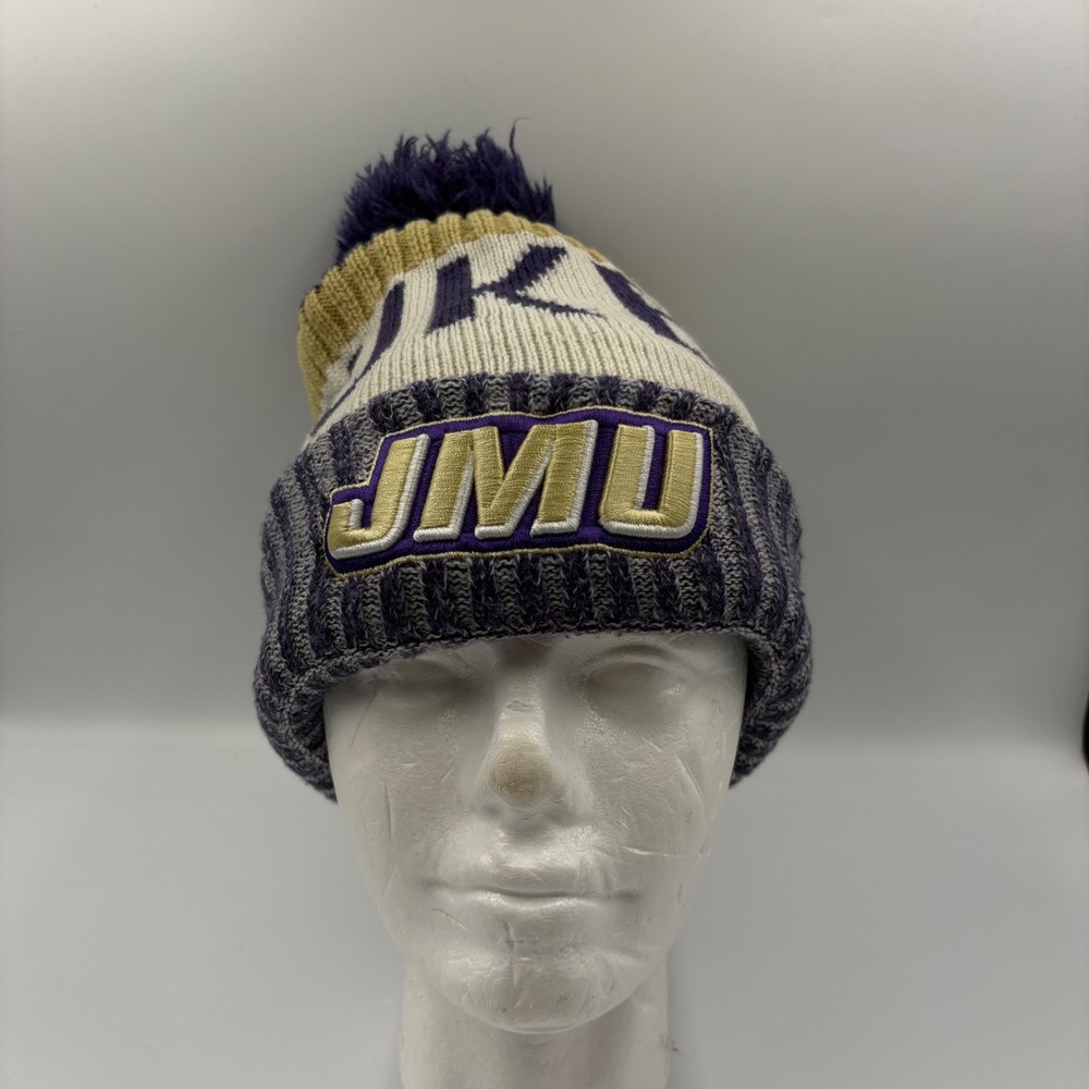 New Era JMU Dukes Beanie Hat Mens OSFM Purple Gold Knit Pom Fleece Lined Exc